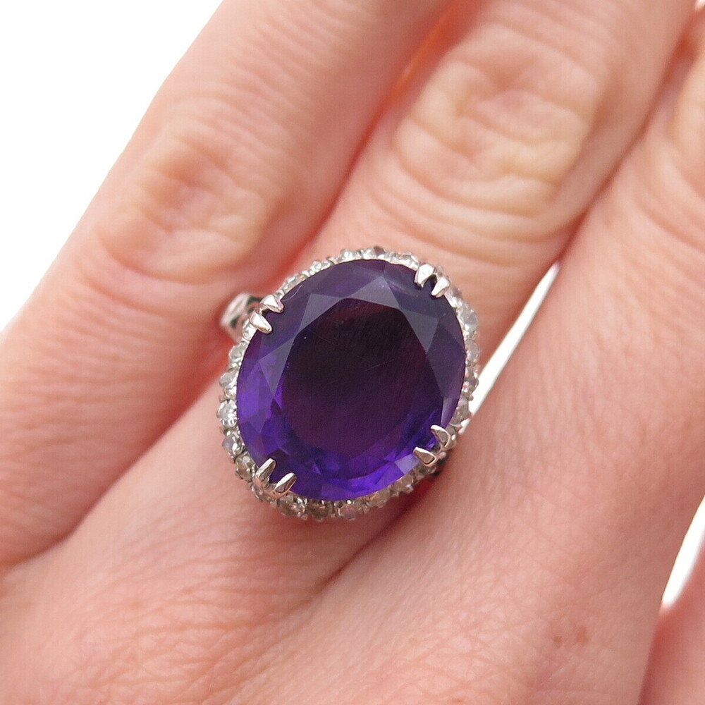 925 Sterling Silver Antique Art Deco Real Diamond & Amethyst Ring Size 5